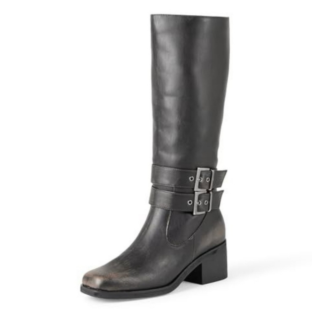 The Drop Women Tall Biker Boots With Buckles Distressed Cognac Size 8